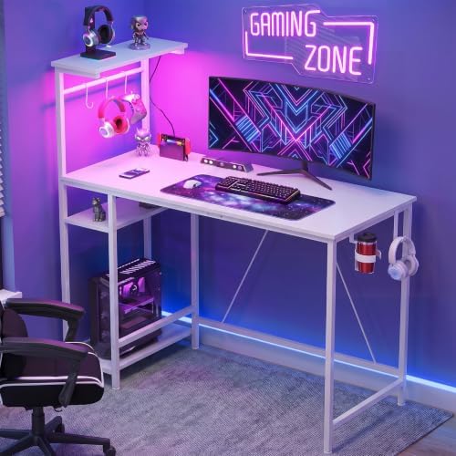 GTPLAYER 43" Gaming Desk with LED Lights, Reversible Shelves, White - Image 7