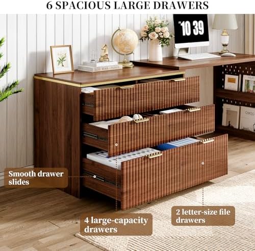 Ieejdn Computer Desk with 6 Drawers, 78" Modern Writing Desk with 0.98" Thickened Desktop & Storage Shelves, Adjustable direction & Extendable Executive Office Desk Study Table for Home Office, Walnut - Image 4