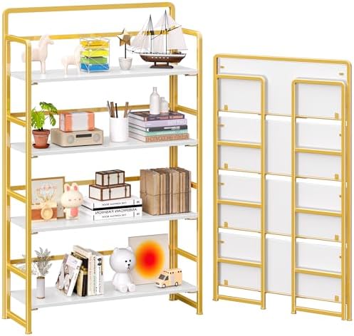 4NM No Assembly Extra Wide 4 Tier Folding Bookshelf Storage Shelves Vintage Bookcase Standing Racks Study Organizer Home Office by 4NM