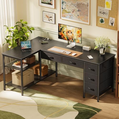 PRAISUN 55 Inch L Shaped Desk with Power Outlets, 5 Fabric Drawers - Image 2