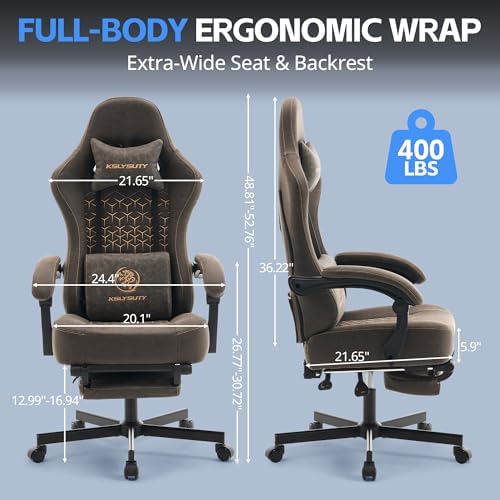 Desk Computer Gaming Chair - Ergonomic Game Office Chair with Extended Footrest and Massage Lumbar Support, Home Gamer Video Game Chairs with Spring Cushion for Adults (Pro Grey Leather) - Image 2