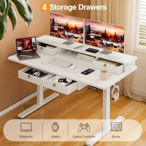 Grandder Electric Standing Desk with Four Drawers, Sit to Stand Up Height Adjustable Desk with Storage Shelf for Home Office, 47 * 28 Inch, Study, Ergonomic Adjustable Computer Desk, White - Image 7