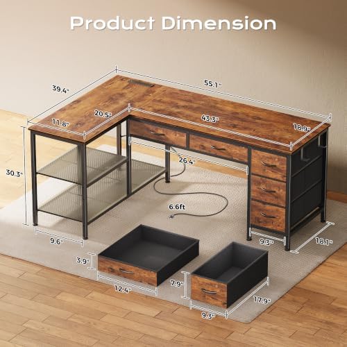 PRAISUN 55 Inch L Shaped Desk with Power Outlets, 5 Fabric Drawers - Image 3