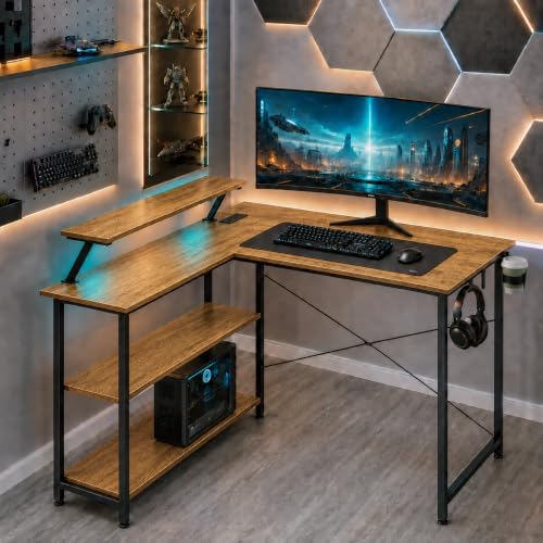 GTPLAYER 42inch L Shaped Gaming Desk with Power Outlets, LED Lights, Brown by GTPLAYER