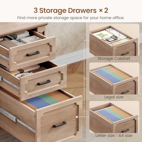 SEDETA Farmhouse 110.3" Two Person Desk with 7 Drawers, Long Computer Desk with Storage Cabinet, 2 Person Desk with Power Outlets for Home Office, Oak - Image 4