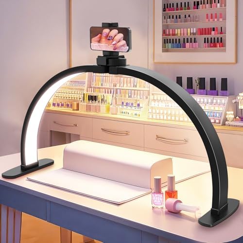 Half Moon Light for Nail Desk: 29in LED Arch Nail Tech Table Lamp with Phone Holder - Salon Professional Desk Light 3 Color Modes & 10 Brightness Lighting for Manicure Technician Use（Black,Large） by Uiopy