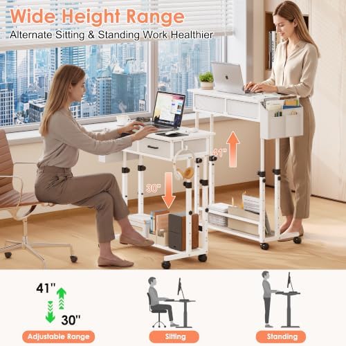 Standing Desk with Wheels, Adjustable Height Rolling Desk with 2 Drawers - Image 3