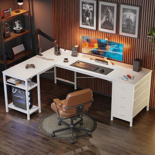 Huuger 55 Inch L Shaped Desk with Fabric Drawers, Reversible Computer Gaming Desk with Power Outlets and USB-C Port, Adjustable Side Storage Shelves, for Work Corner Home Office, White - Image 4