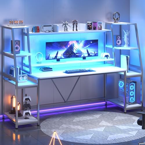 SEDETA 79'' Gaming Desk with LED Lights, Hutch and Storage Shelves, White by SEDETA