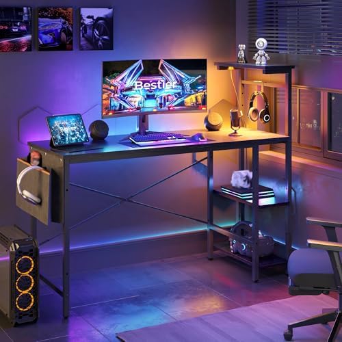 Bestier Gaming Desk with LED Lights, 51.3 Inch Computer Desk with 4 Tiers Reversible Shelves, Home Office Writing Desk with Side Storage Bag, Hooks and Height Adjustable Shelf (Black Grained) by Bestier