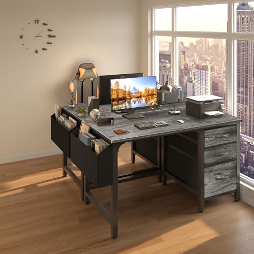 Lufeiya Computer Desk with File Drawers Cabinet, 47 Inch Home Office Desks with Filing Cabinet for Small Space, Gaming Study Writing Table PC Desks, Gray - Image 4