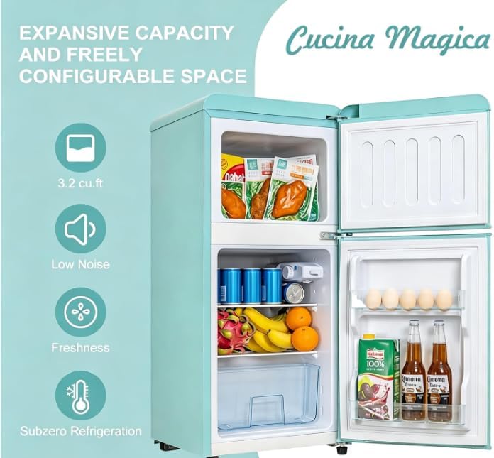 3.2 Cu.Ft Retro Mini Fridge with Freezer – Double Door, Blue - Image 5