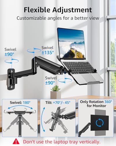 MOUNTUP Laptop Wall Mount, Adjustable Laptop Mount for Max 17" Notebook or Max 32" Monitor, Wall Mount Laptop Holder Holds 4.4-22lbs, 2-in-1 Laptop Arm with Ventilated Tray - Image 3