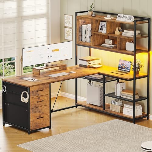 SEDETA 58'' L Shaped Computer Office Desk with 3 Drawers and Bookshelf by SEDETA