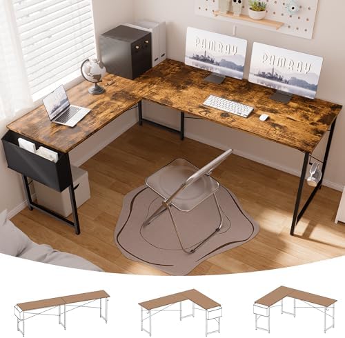 Pamray 64.5 Inch Reversible L Shaped Gaming Desk Large Corner Computer Desk with Storage Bag Home Office Table for Writing Study Vintage by PAMRAY