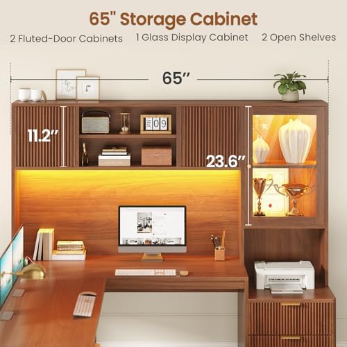 SEDETA 67" x 65" L Shaped Desk with Hutch, RGB LED Corner Computer Desk with Power Sockets, Fluted Home Office Desk with File Drawer, Storage & Glass Display Cabinets for Gaming & Working, Brown - Image 4