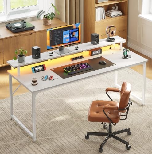 PRAISUN 55 inch Gaming Desk, LED & Power Outlets, Monitor Stand, White - Image 2