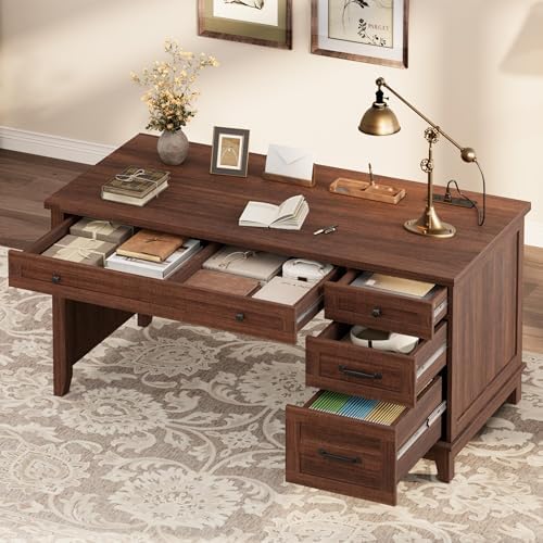 Garvee 53.5" Wooden Home Office Desk with File Drawers, Executive Desk with Power Outlet, Farmhouse Wood Desk with Storage, Distressed Study and Work Table, Rustic Brown - Image 4