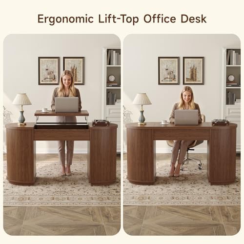ONBRILL 59 Inches Office Desk with Lift Top, Fluted Executive Desk Walnut - Image 5