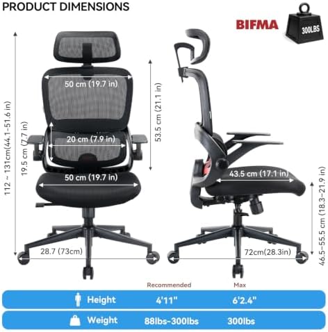 SIHOO B100 SE Office Chair, Desk Chair with Adaptive Lumbar Support & 2D Flip-up Armrests, 135° tilt Soft Memory Foam Erogonomic Chair for Home Office,Hold 300 LBS, 2 Packs, Jet Black - Image 3