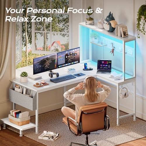PRAISUN L Shaped Gaming Desk with LED Lights & Power Outlets - Image 6