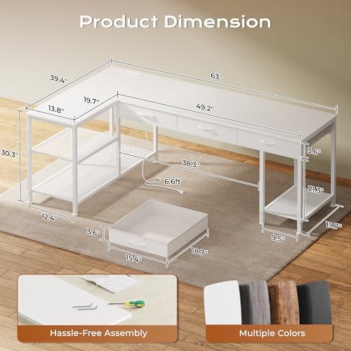 PRAISUN 63 Inch L Shaped Office Desk with Power Outlets and Type-C Port, Large Computer Gaming Desk with 3 Fabric Drawers, Mesh Shelves, Corner Study Work Writing Desk, White - Image 3