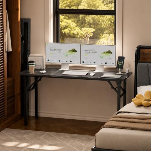 Folding Table Computer Desk - 55.1" No Assembly Folding Desk with Power Outlets & USB Charging Port, Small Desk, Foldable Office Desk, Compact Storage Portable Use for Small Space, Marble Greige - Image 2