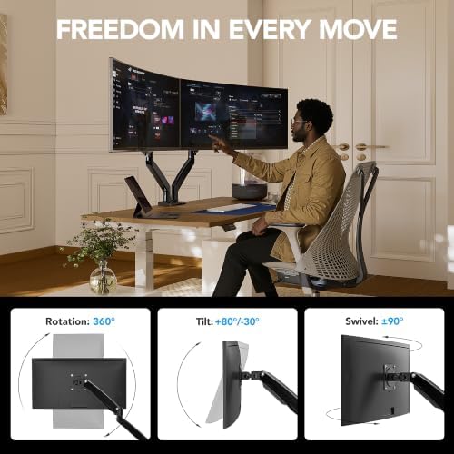 HUANUO Dual Monitor Stand for 13″–40″, Premium Dual Monitor Mount with USB, Height Adjustable Monitor Stand for 2 Monitors, VESA Mount with Clamp/Grommet Base, Holds 26.4lbs per Arm, HNDS7 - Image 3