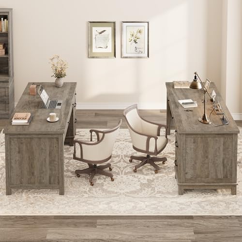 GarveeHome Farmhouse Executive Desk with Drawers, 53.54 in Home Office Desk with Charging Station, Wooden Computer Desk with File Cabinet Storage for Work Study Writing, Rustic Gray - Image 4