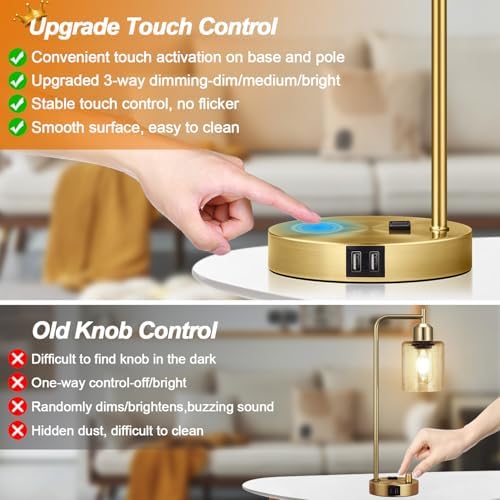 Nintiue Industrial Touch Table Lamps Set of 2-2 USB Ports & AC Outlet Nightstand Lamps, 3-Way Dimmable Bedside Desk Lamp for Living Room Bedroom, Glass Shade & 2 LED Bulbs Included - Brass - Image 3