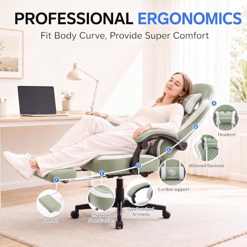 Desk Computer Gaming Chair - High Back Ergonomic Office Chair with Footrest and Lumbar Support, Swivel Comfy Home Gamer Video Game Chairs with Pocket Spring Cushion for Adults (Green Fabric) - Image 5