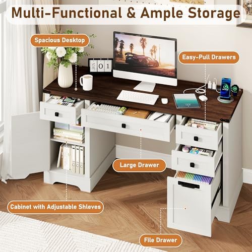 Squireewo 58'' Farmhouse Home Office Desk with Drawers, Wooden Executive Desk with Charging Station, File Drawers and Storage Cabinet, Computer Desk for Work, Study and Writing, Rustic White - Image 4
