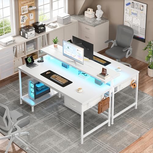 DurayLoly 39.3" Computer Desk with Power Outlet & Fabric Drawer,White - Image 2
