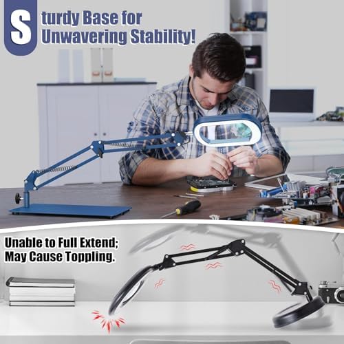 Drdefi 12X Square Magnifying Glass with Light and Stand, Real Glass LED Lighted Magnifier, 5 Color Modes Stepless Dimmable, Hands-Free Mag Desk Lamp with Clamp for Reading Craft Hobby Close Work Blue - Image 3