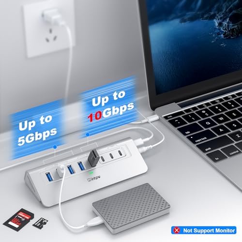 Powered USB Hub 10Gbps, intpw YH6AC Plus 10-Port USB 3.2 Hub (USB A/USB C 3.2+3 USB-A 3.0+2 PD 45W Fast Charging Ports+SD/TF Card Reader), 65W Power Adapter,Aluminum USB HUB for PC,Laptop,iPhone 17/16 - Image 3