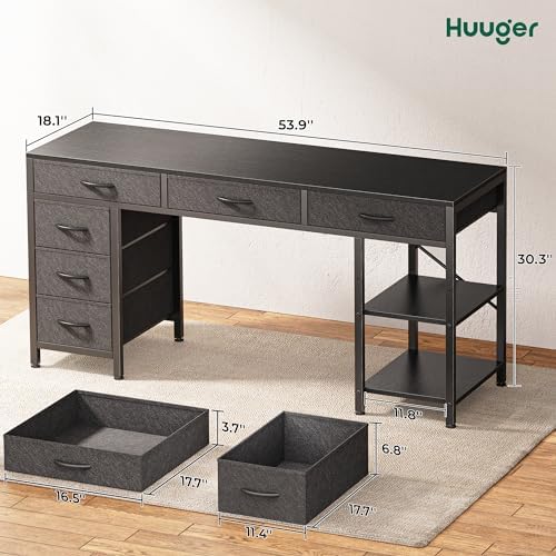 Huuger Computer Desk with 6 Drawers, Office Desk with Shelves, Reversible Gaming Desk, Corner Desk with Storage, Work for Home Office, Study, Living Room, 54inch, Black - Image 3