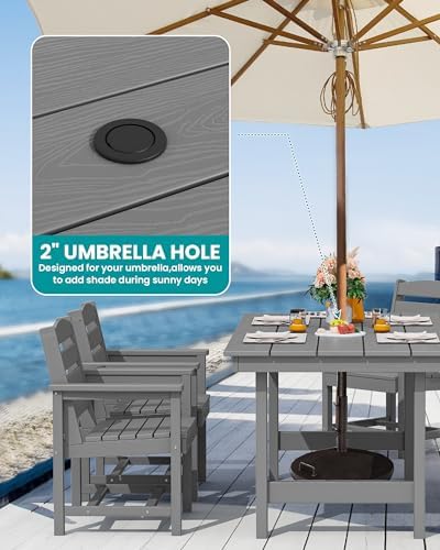 SERWALL HDPE Dining Set with Umbrella, Outdoor Dining Set for 6, Gray - Image 2