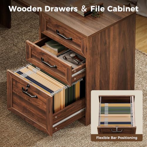 OffiGo Farmhouse 68 Inch L Shaped Executive Desk with Drawers, Walnut - Image 3