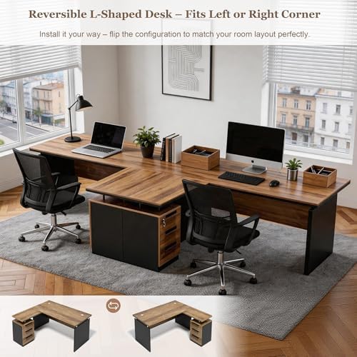 63 Inch L-Shaped Executive Desk Set of 4, Industrial Modern Wood Office Desk with 3 Drawers, Built-in Cable Management & Power Outlet, Real Wood Finish, Reversible Left/Right Return Home Workstation - Image 4