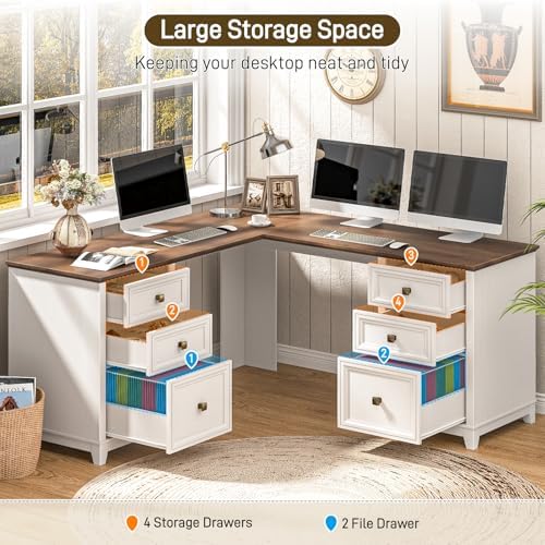 Vabches Farmhouse L Shaped Executive Desk with 6 Drawers, 59’’ Wood Home Office Desk with File Cabinet, Writing Corner Computer Desk for Home Office, Work, Study, White and Brown - Image 4