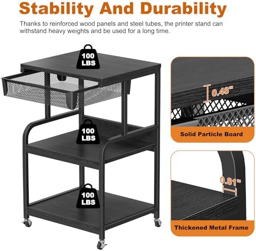EasyCom Large Printer Stand with Drawer, 3-Tier Industrial Rolling Cart - Image 6