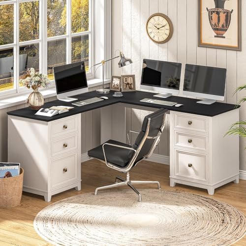 Vabches Farmhouse L Shaped Executive Desk with 6 Drawers, 59’’ Wood Home Office Desk with File Cabinet, Writing Corner Computer Desk for Home Office, Work, Study, White and Black - Image 3