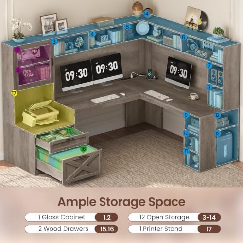 SEDETA 68" Farmhouse L Shaped Office Desk with Hutch, Storage Drawers - Image 3