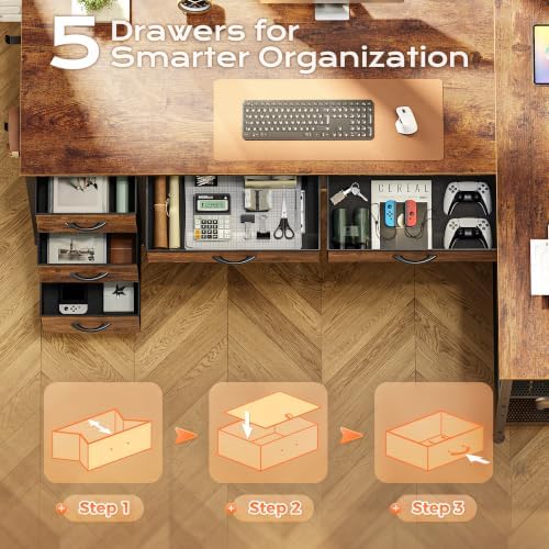 PRAISUN 55 Inch L Shaped Desk with Power Outlets, 5 Fabric Drawers - Image 5