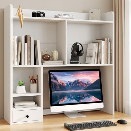 knoworld Desktop Bookshelf for 27" Monitor, Space-Saving Engineered Wood Desk Hutch Organizer with Adjustable Shelves & Drawer, Clutter-Free Tabletop Bookcase for Dorm & Home Office, White by KNOWORLD