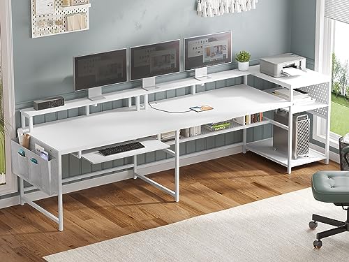 SEDETA L Shaped Gaming Desk, Reversible Computer Desk, Gaming Desk with Power Outlets & LED Strip, Monitor Shelf, Keyboard Tray, Pegboard and Storage Shelves for Home Office, White - Image 4