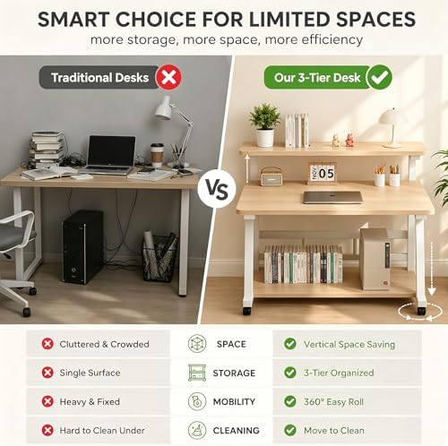 47.2 Inch Compact Rolling Computer Desk with Tier Worktable & Lockable Wheels, Small Computer Desk, Small Desk for Bedroom, Mobile Writing Workstation Easy Assembly for Home Office Small Spaces - Image 4