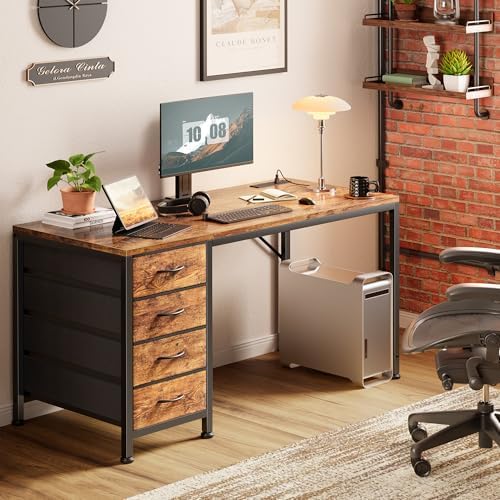 PRAISUN 47.2 Inch Computer Office Desk with Power Outelts and USB-C Port, Reversible Gaming Desk with 4 Fabric Drawers, Work Study Desk Work from Home, Rustic Brown - Image 2