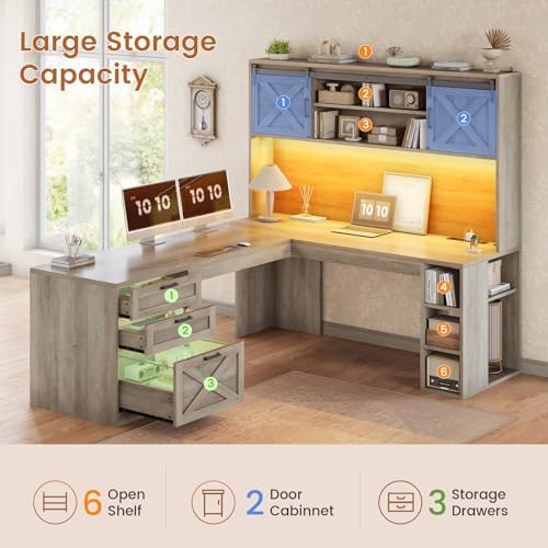 SEDETA 67" Farmhouse L Shaped Desk with Hutch, Grey - Image 5