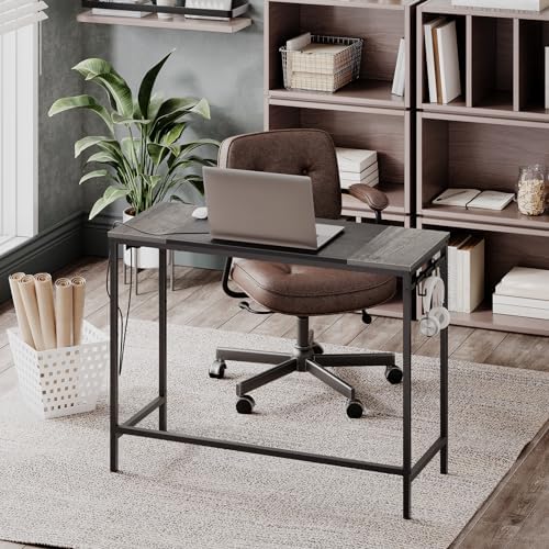 HOOBRO Computer Desk, 39.3 Inch Small Desk with Power Outlet, Writing Table with USB Charging Ports and 3 Hooks for Home Office, Bedroom, Easy to Assemble, Charcoal Gray and Black BC41UDN01 - Image 4